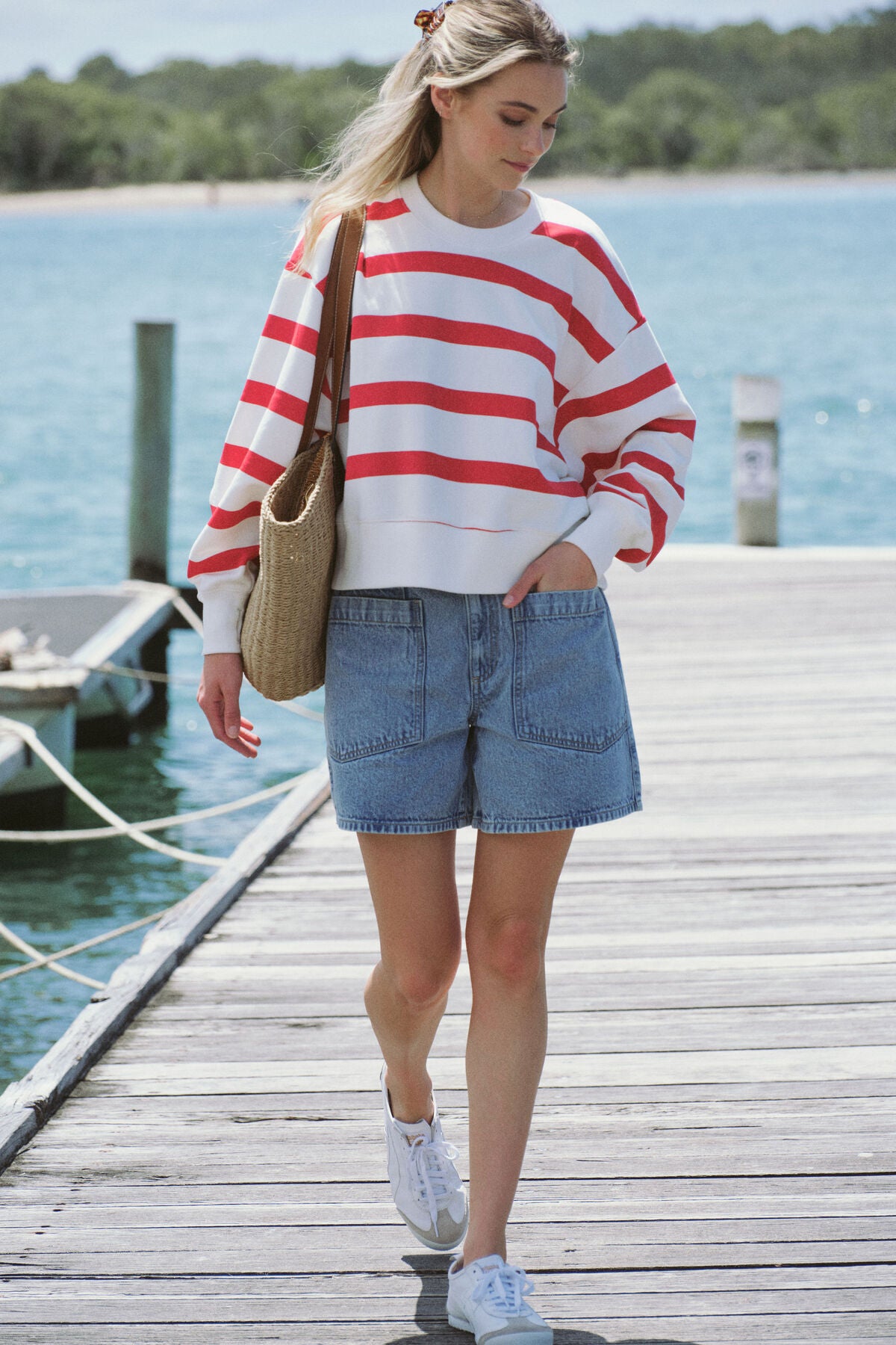 Ceres Life Cropped Slouchy Crew - warm white red stripe