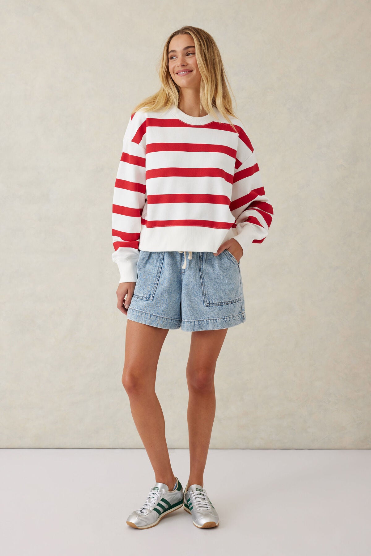 Ceres Life Cropped Slouchy Crew - warm white red stripe