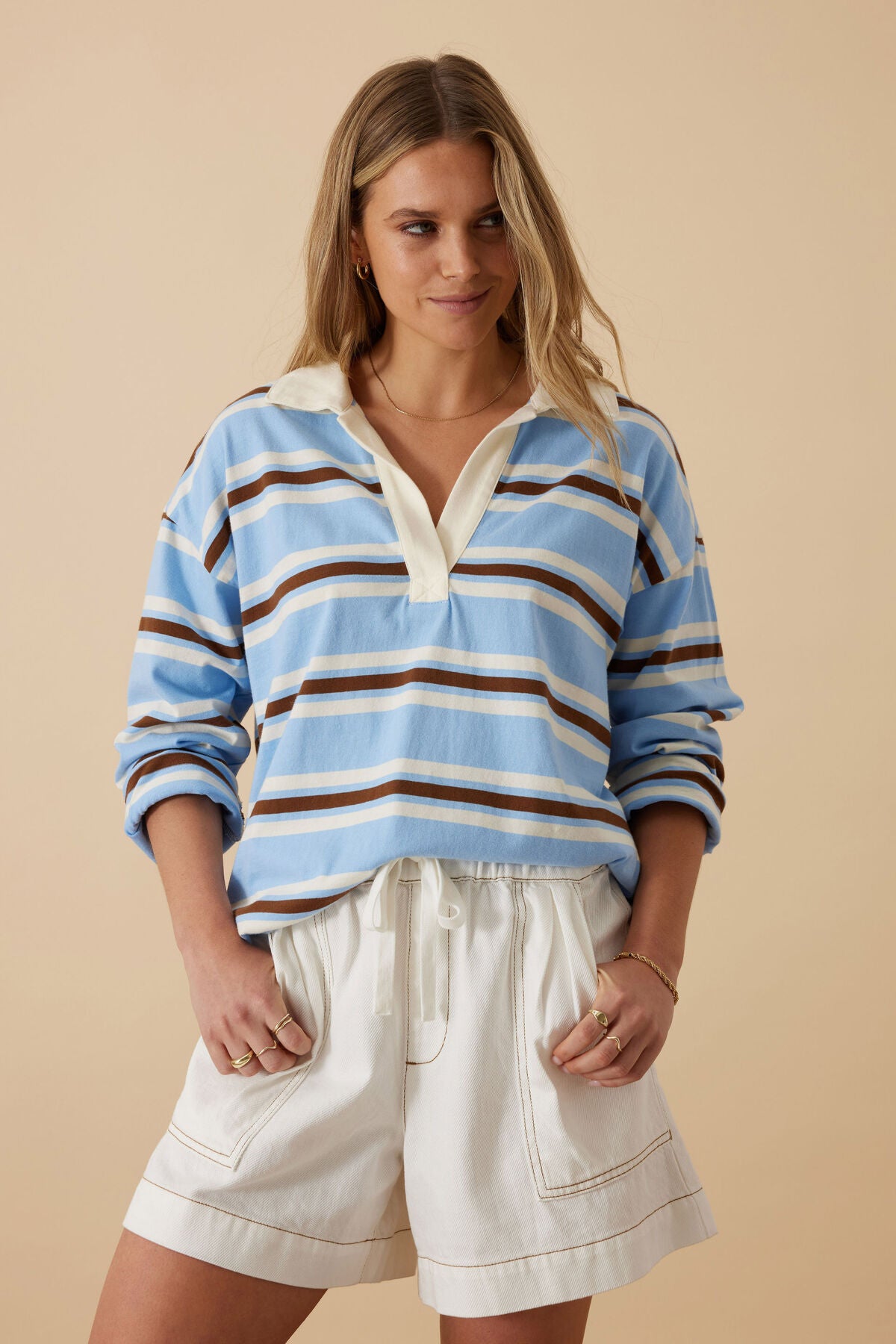 Ceres Shelbey Rugby Top - powder blue/toffee stripe