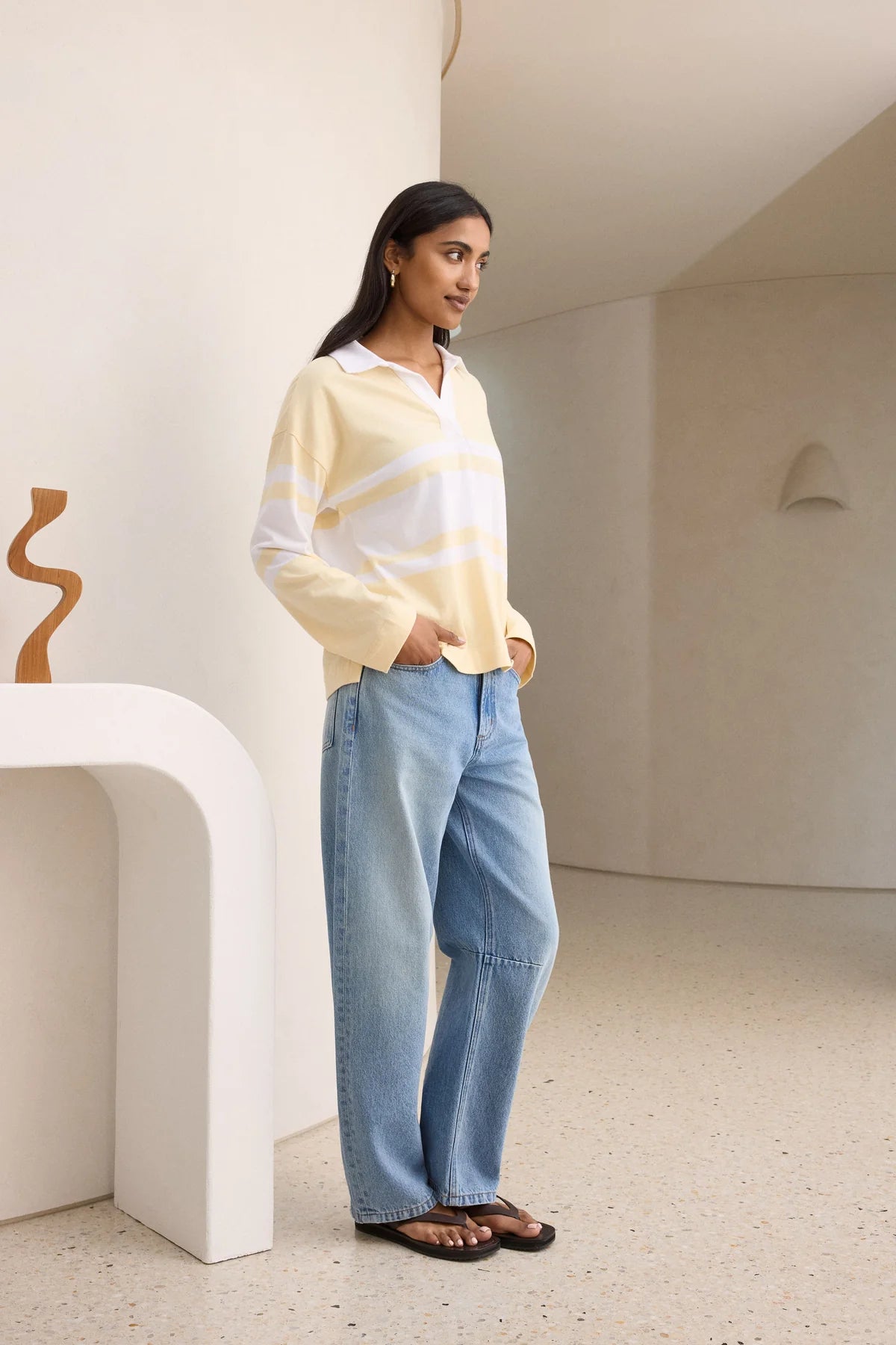 Ceres Shelby Slouchy Rugby Top - butter/white placement stripe