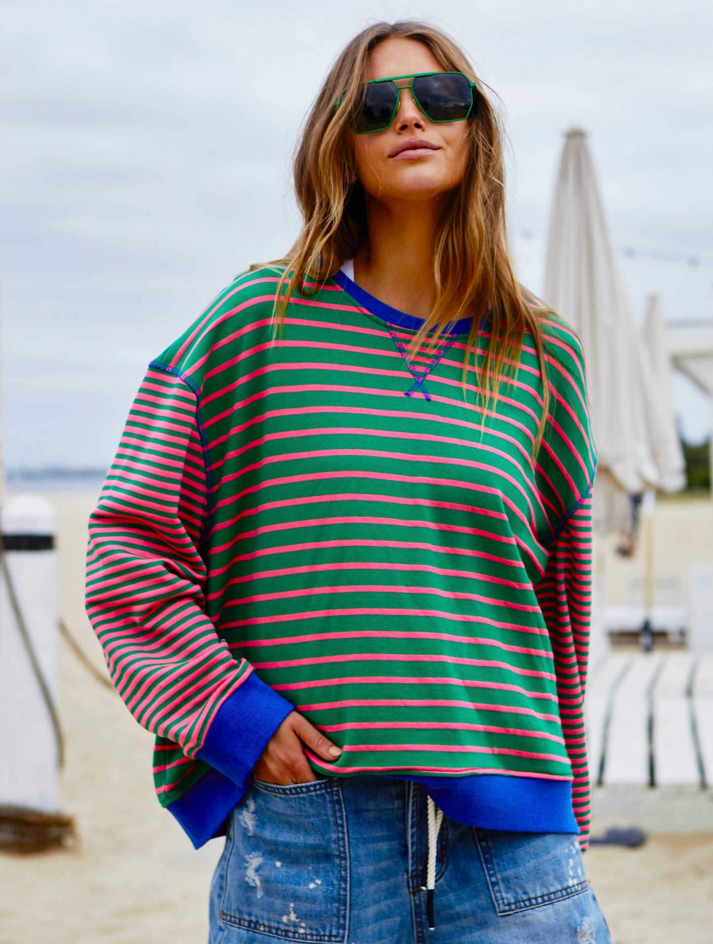 Cat Hammill Retro Stripe Sweat - Green/Pink