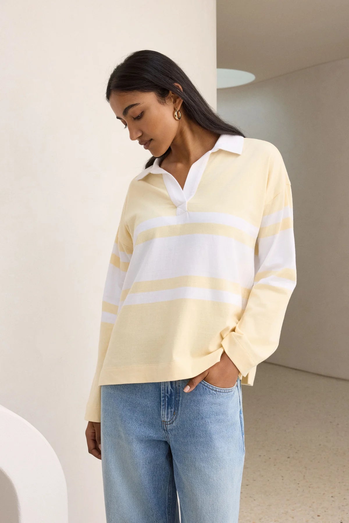 Ceres Shelby Slouchy Rugby Top - butter/white placement stripe