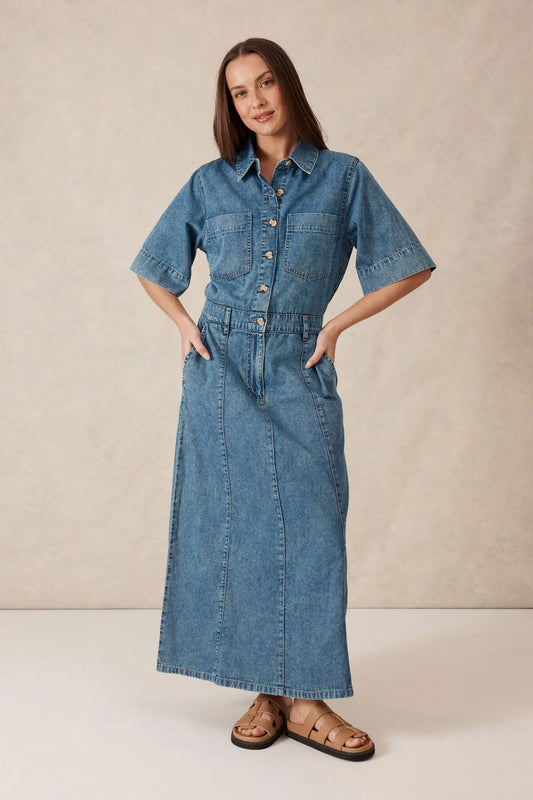 Ceres Life Short Sleeve Denim Maxi Dress - fresh indigo denim