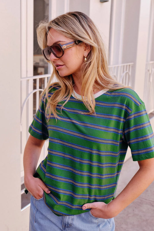 Ceres Stevie Slouchy Tee - basil/blue stripe