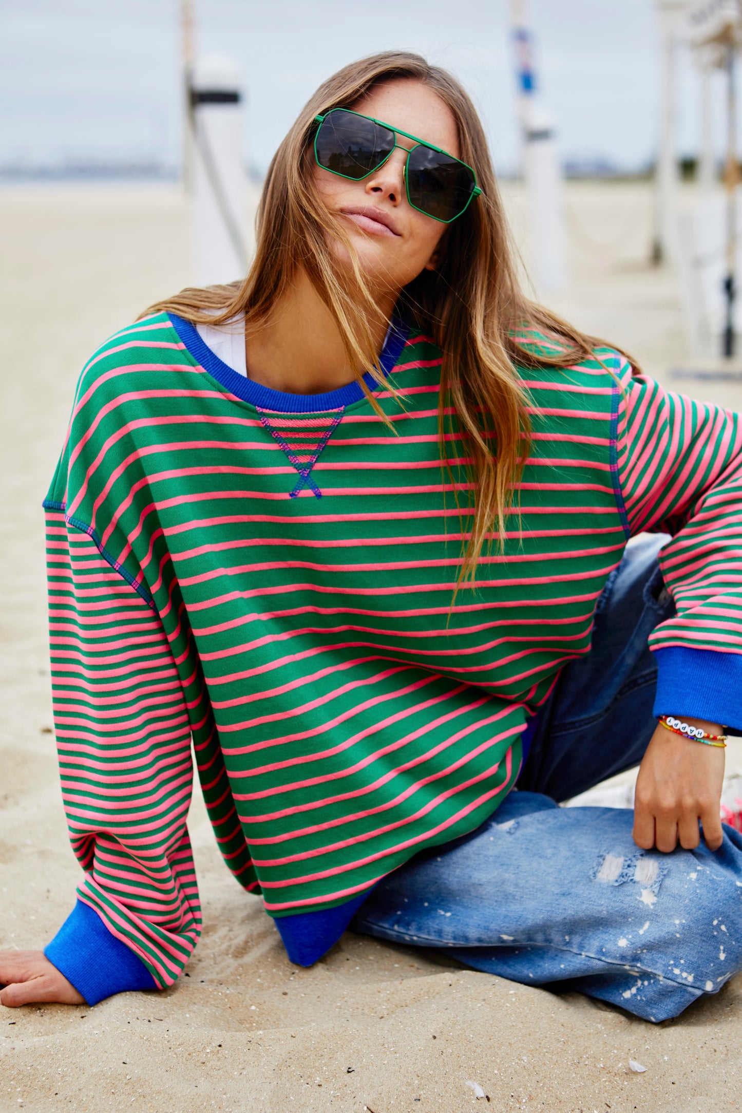 Cat Hammill Retro Stripe Sweat - Green/Pink