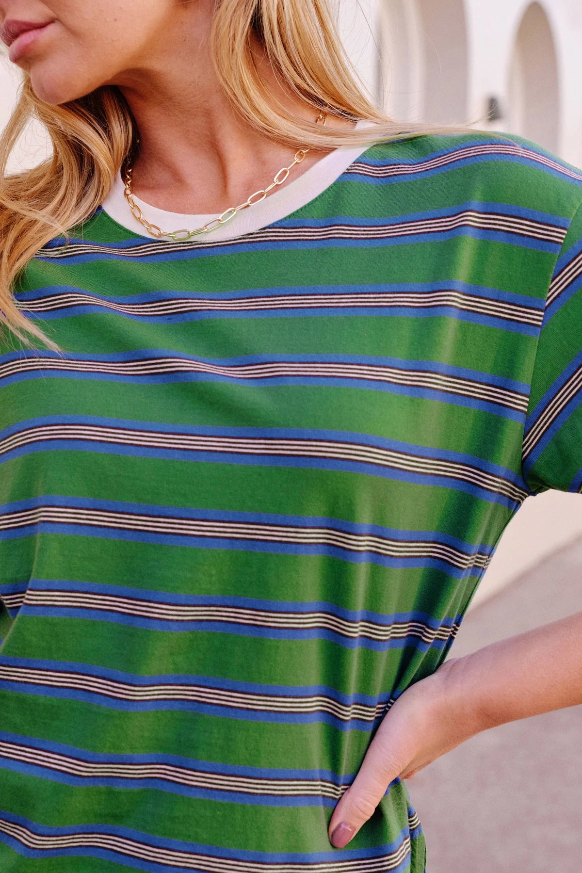 Ceres Stevie Slouchy Tee - basil/blue stripe