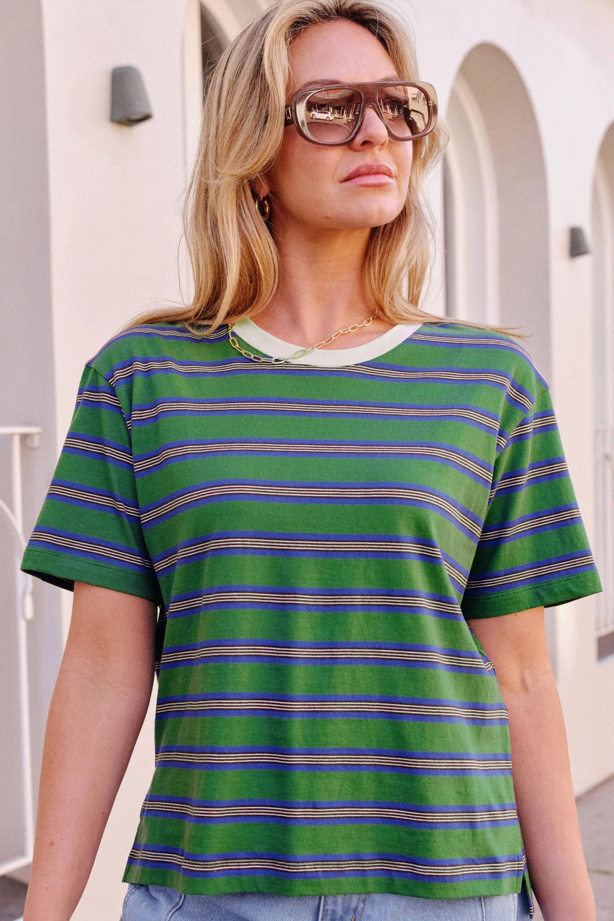 Ceres Stevie Slouchy Tee - basil/blue stripe