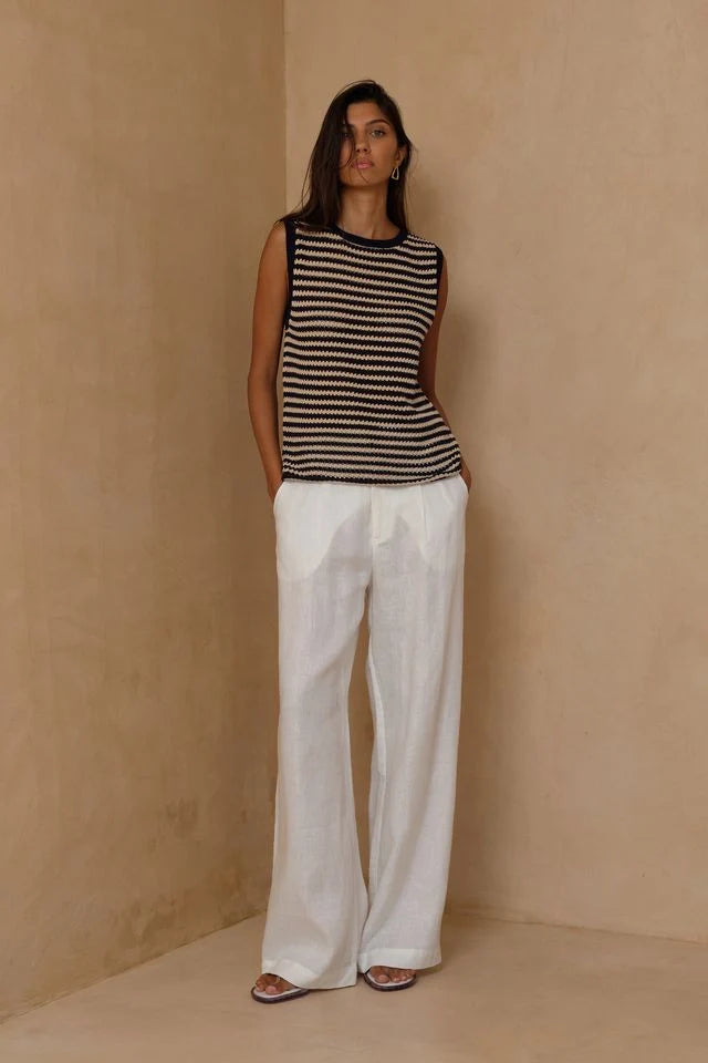 LILYA Lena Stripe Knit Top - navy and sand