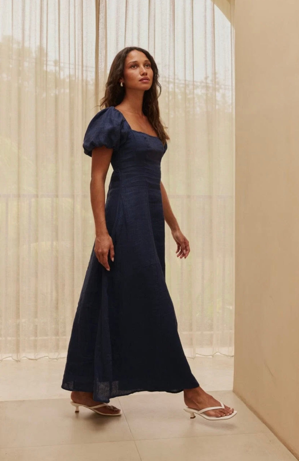 REVERIE Sophia Linen Midi Dress - navy
