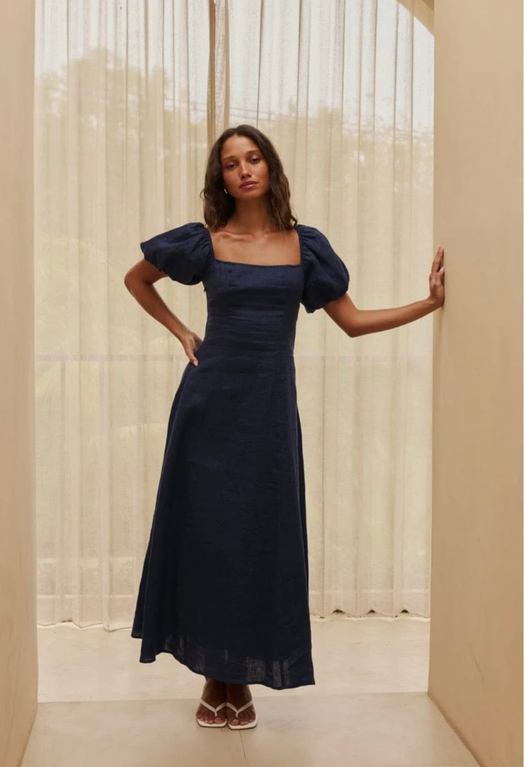 REVERIE Sophia Linen Midi Dress - navy