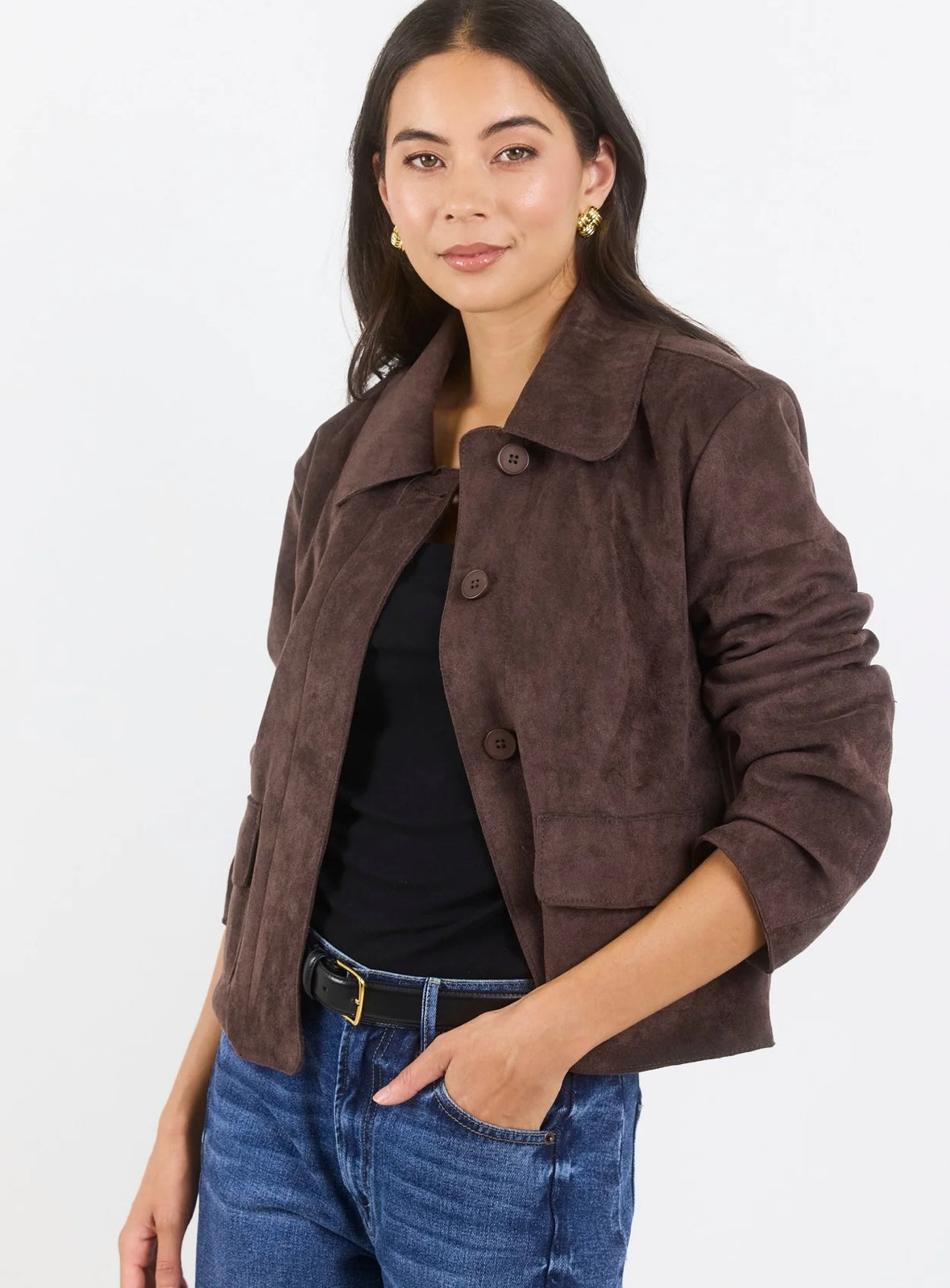 Among the Brave - Exhibit Faux Suede Cropped Jacket - chocolate