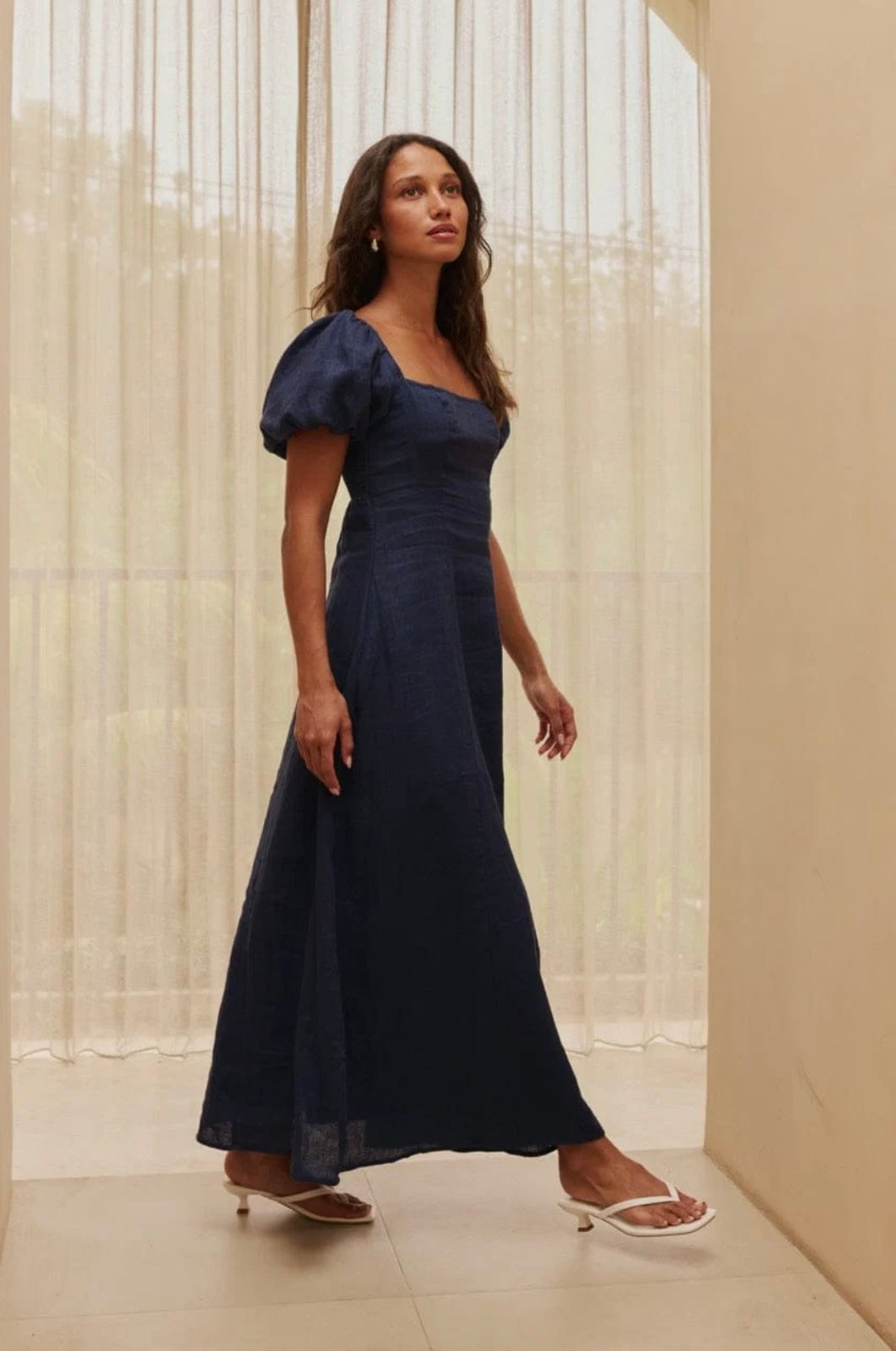 REVERIE Sophia Linen Midi Dress - navy