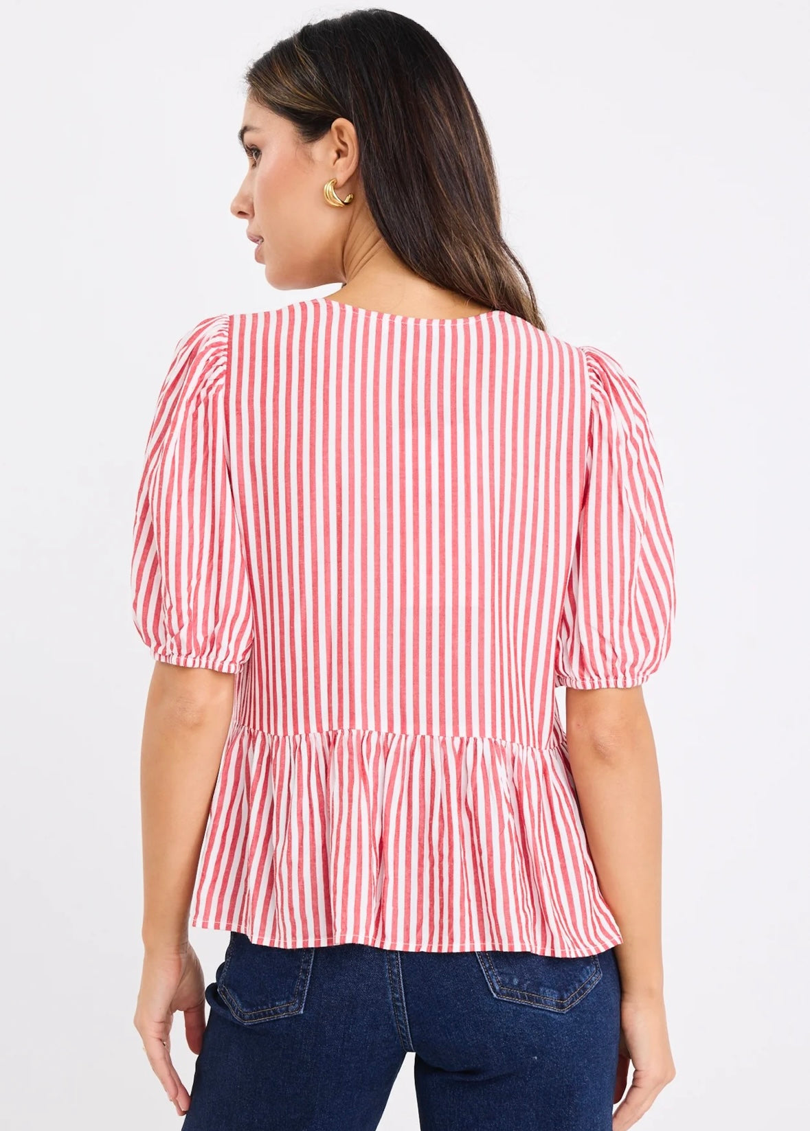 stories be told - Restore Tie Front Peplum  S/S Top - red stripe