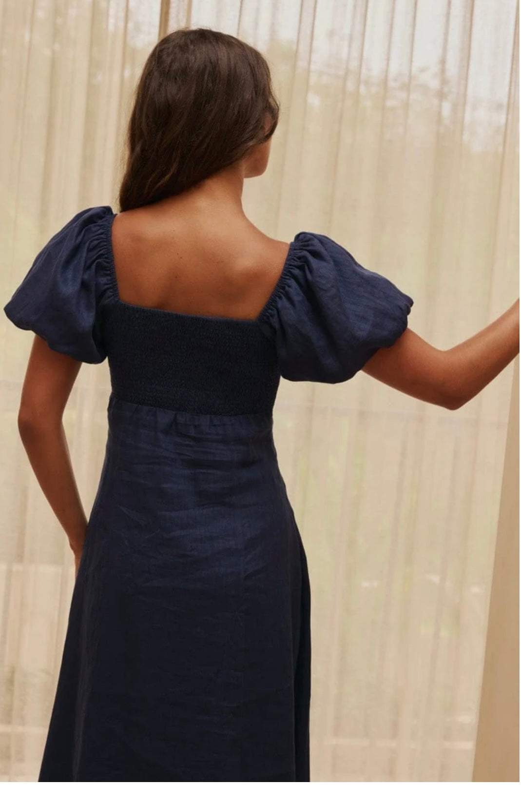 REVERIE Sophia Linen Midi Dress - navy