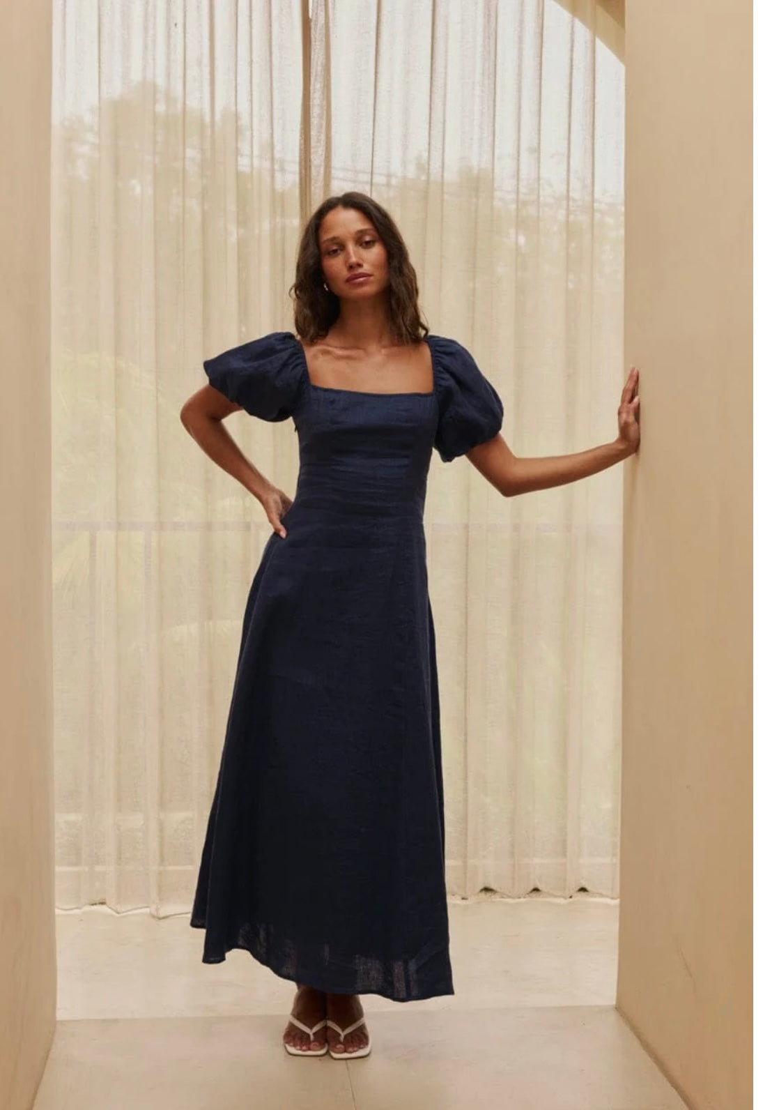 REVERIE Sophia Linen Midi Dress - navy