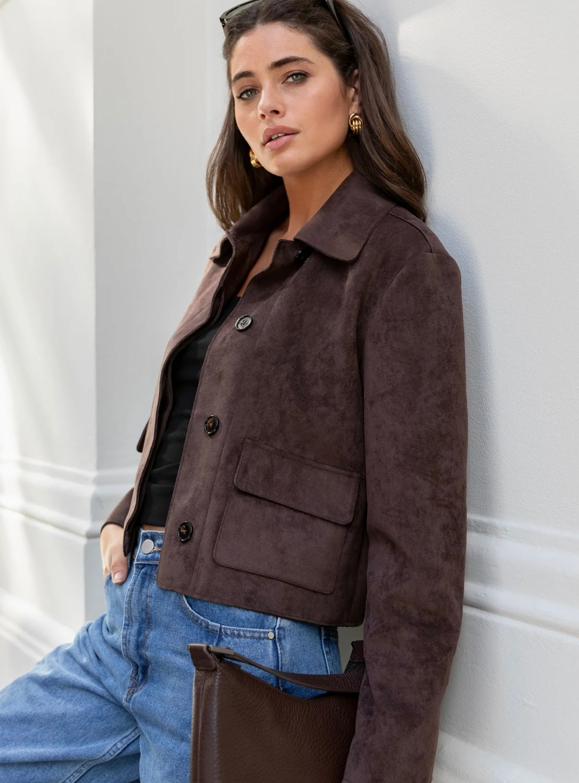 Among the Brave - Exhibit Faux Suede Cropped Jacket - chocolate
