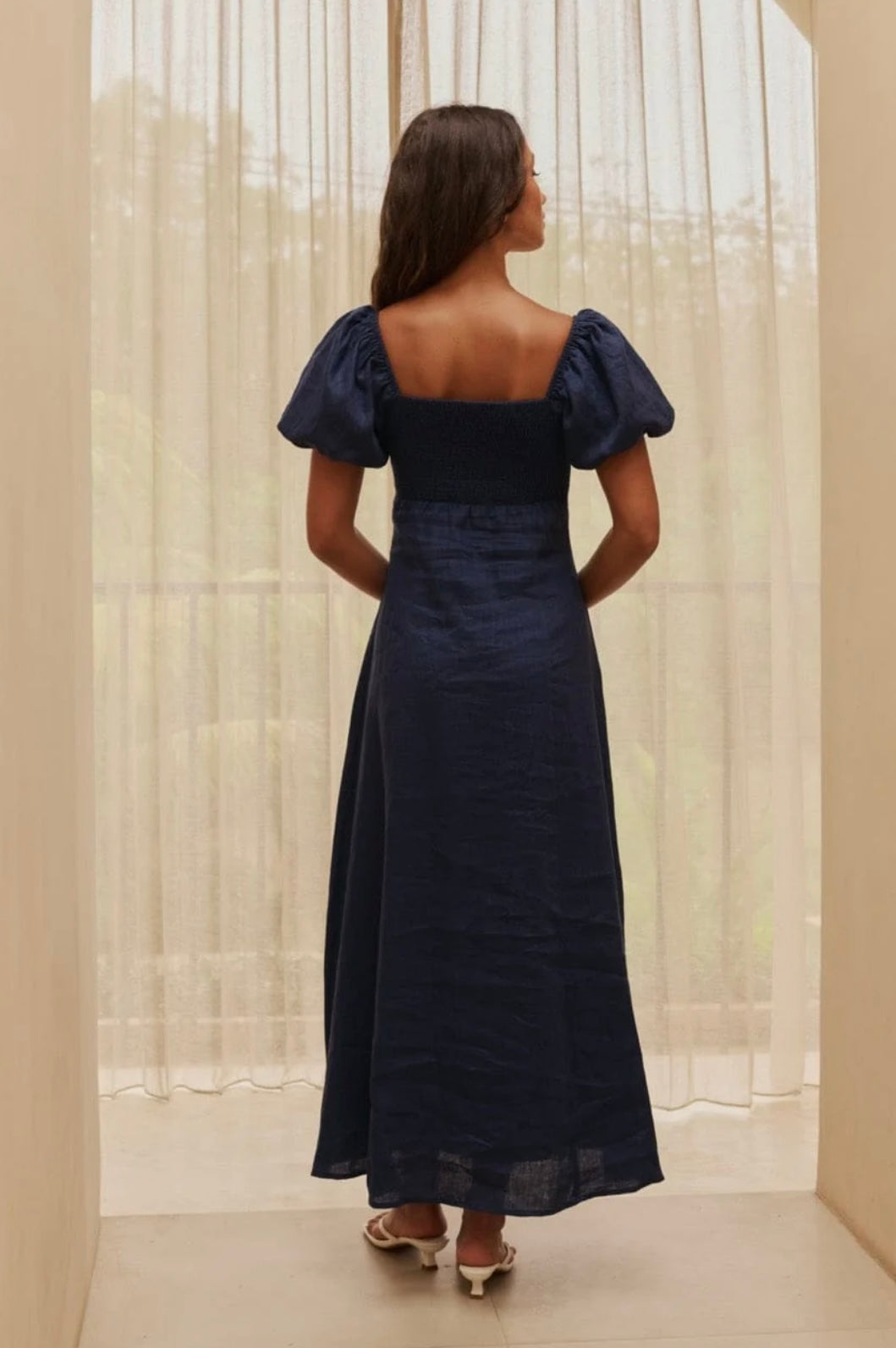 REVERIE Sophia Linen Midi Dress - navy