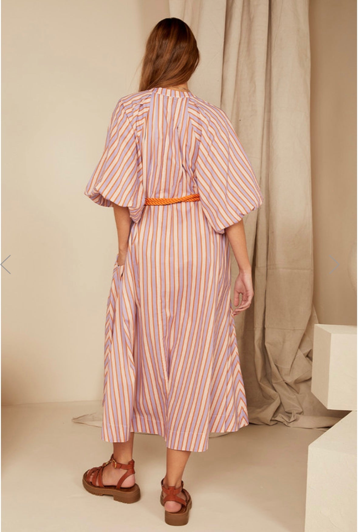 Bohemian Traders Candy Stripe Pleated Neck Midi Dress