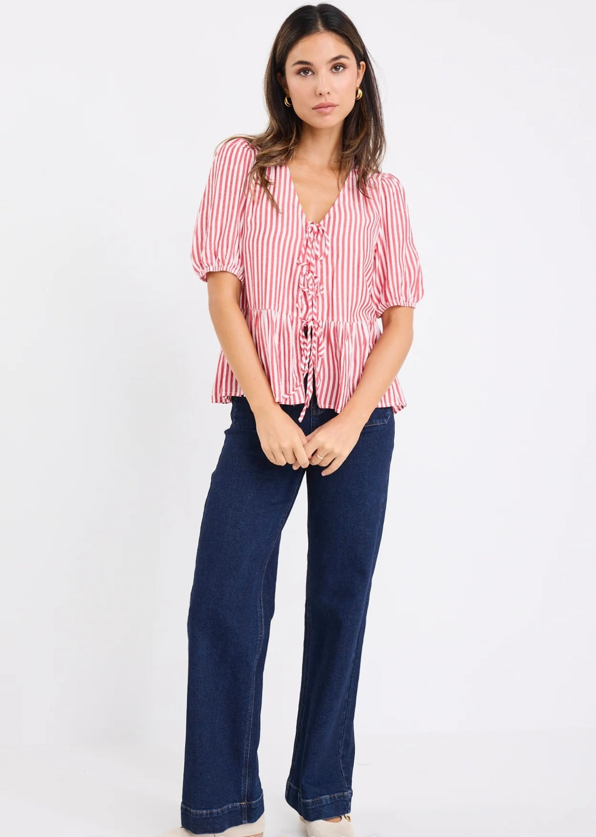 stories be told - Restore Tie Front Peplum  S/S Top - red stripe