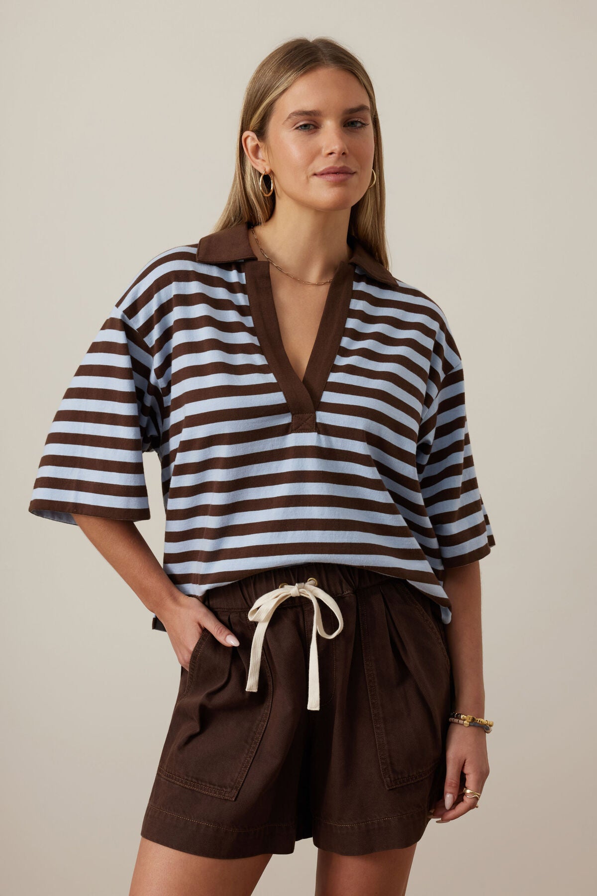 Ceres Arlie Short Sleeve Rugby - choc/chalk stripe