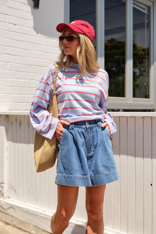 Ceres Beau Long Sleeve Slouchy Tee - china blue/ vintage red double stripe