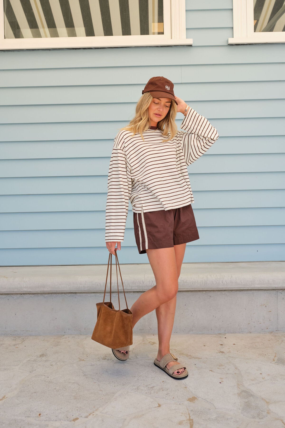 Ceres Beau Long Sleeve Slouchy Tee - milk/brunette brown stripe
