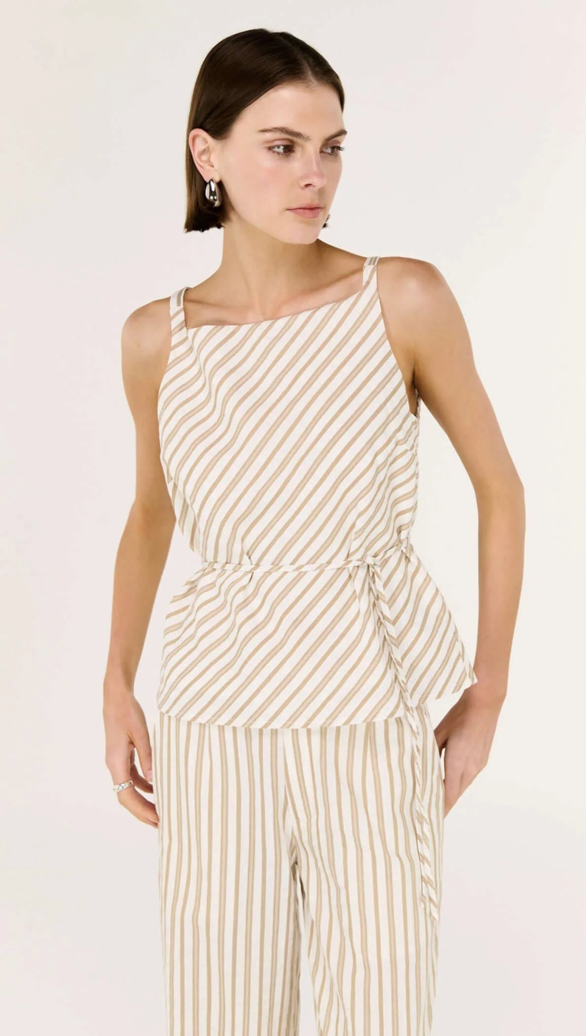 Staple the Label Lola Tie Waist Top - taupe/white stripe