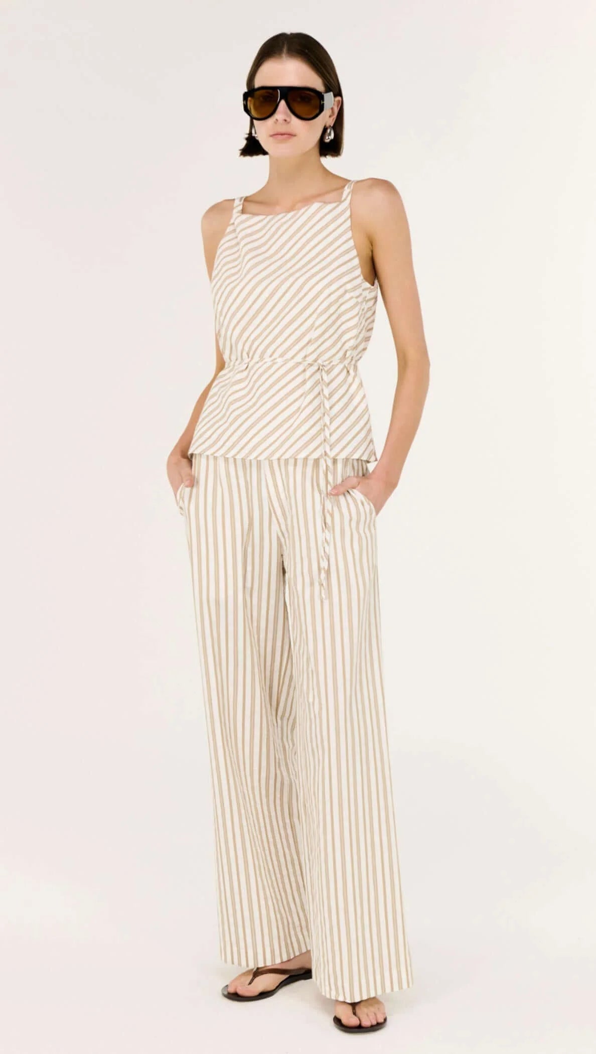 Staple the Label Lola Tie Waist Top - taupe/white stripe