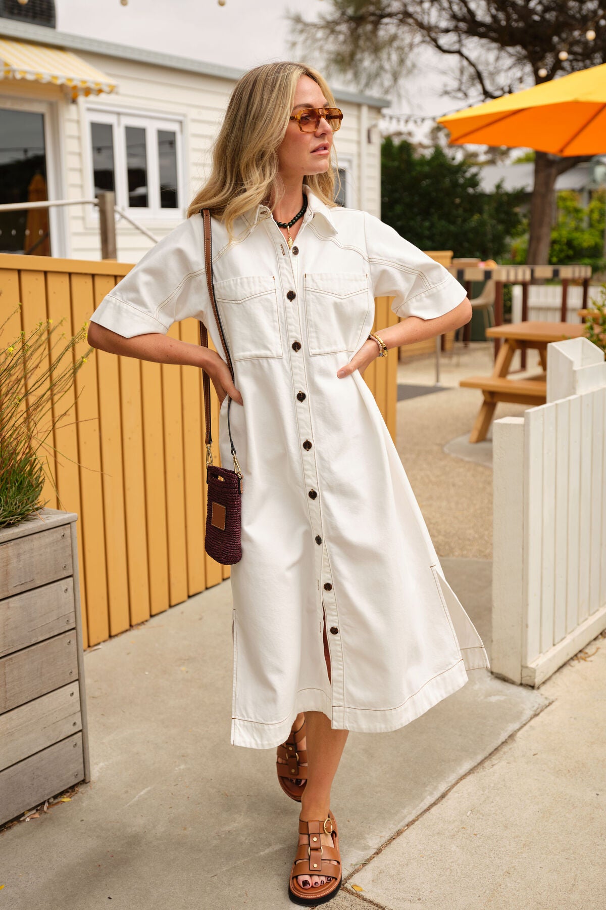 Ceres Ava Short Sleeve Midi Dress - fresh ecru twill