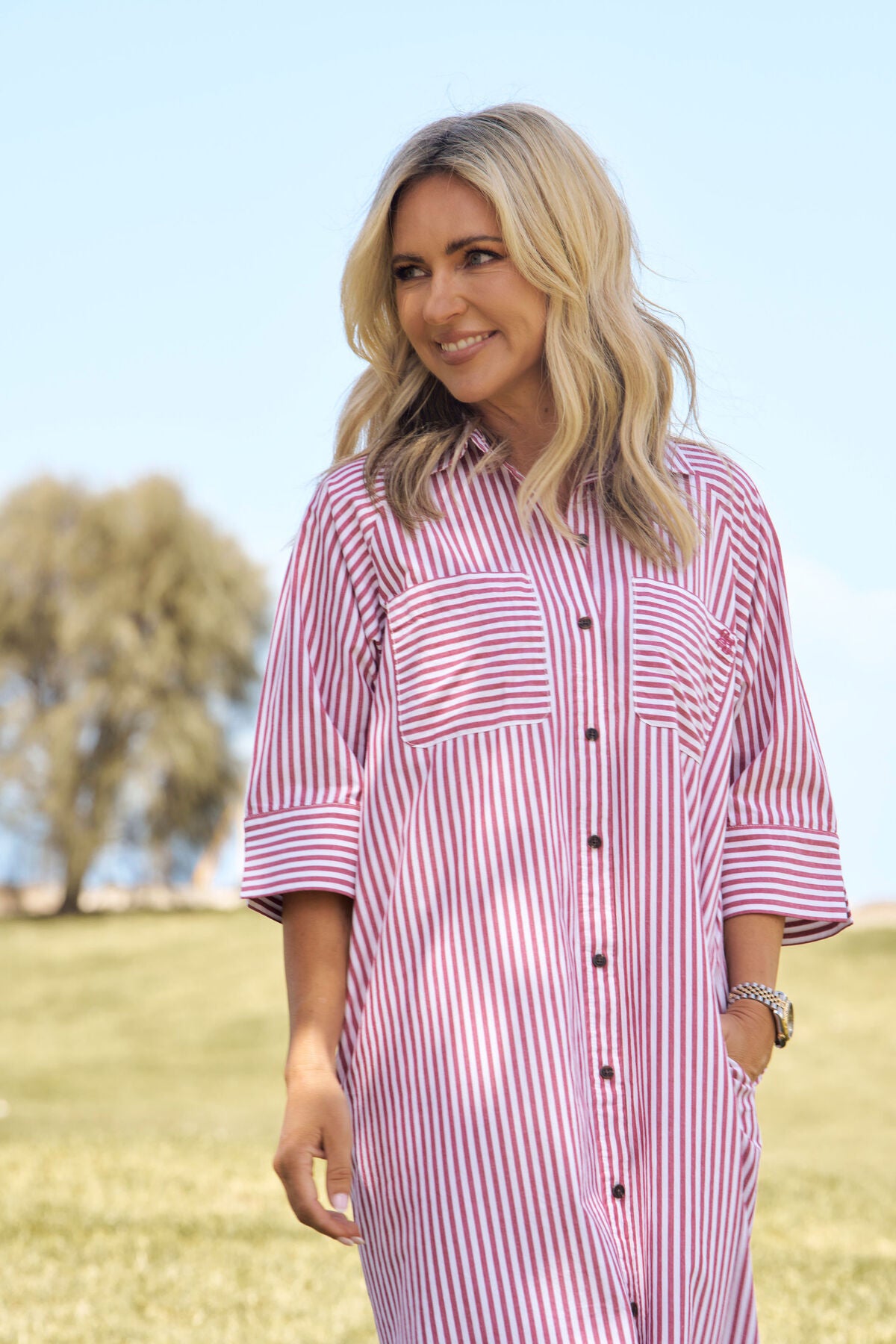 Ceres Life Jacqui Felgate Classic Shirt Dress - claret red white stripe