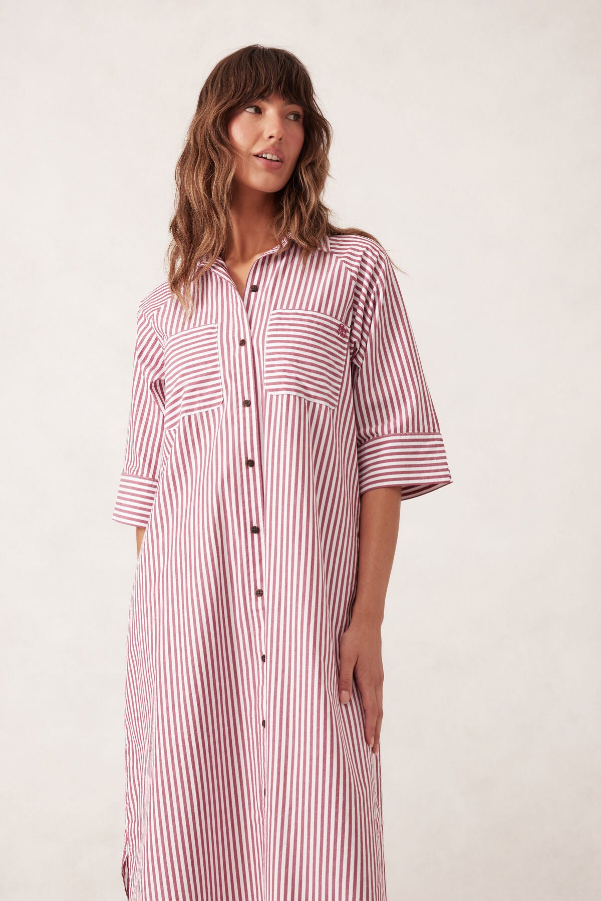 Ceres Life Jacqui Felgate Classic Shirt Dress - claret red white stripe