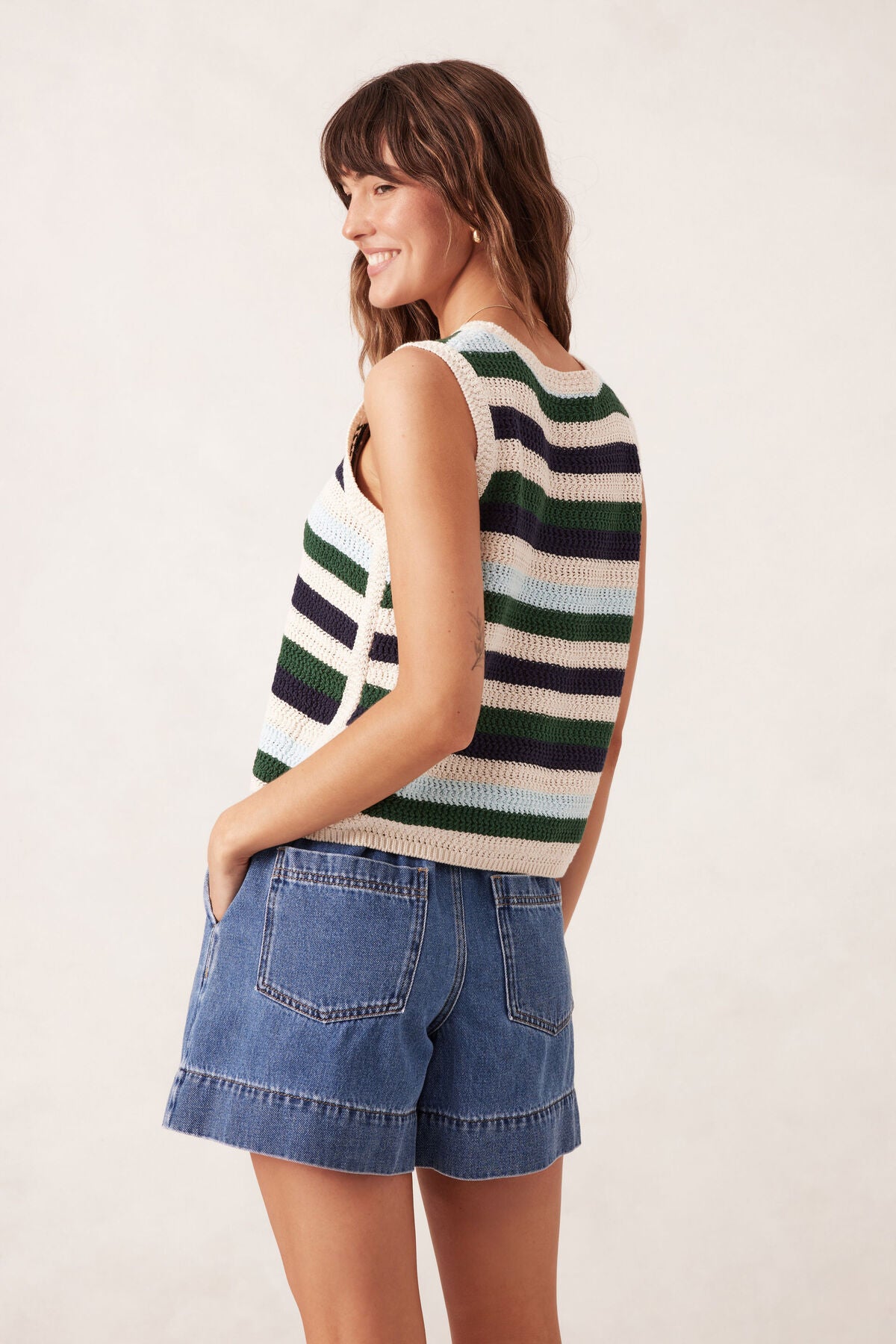 Ceres Life Textured Multi Stripe Knit Tank - Aqua pine navy stripe