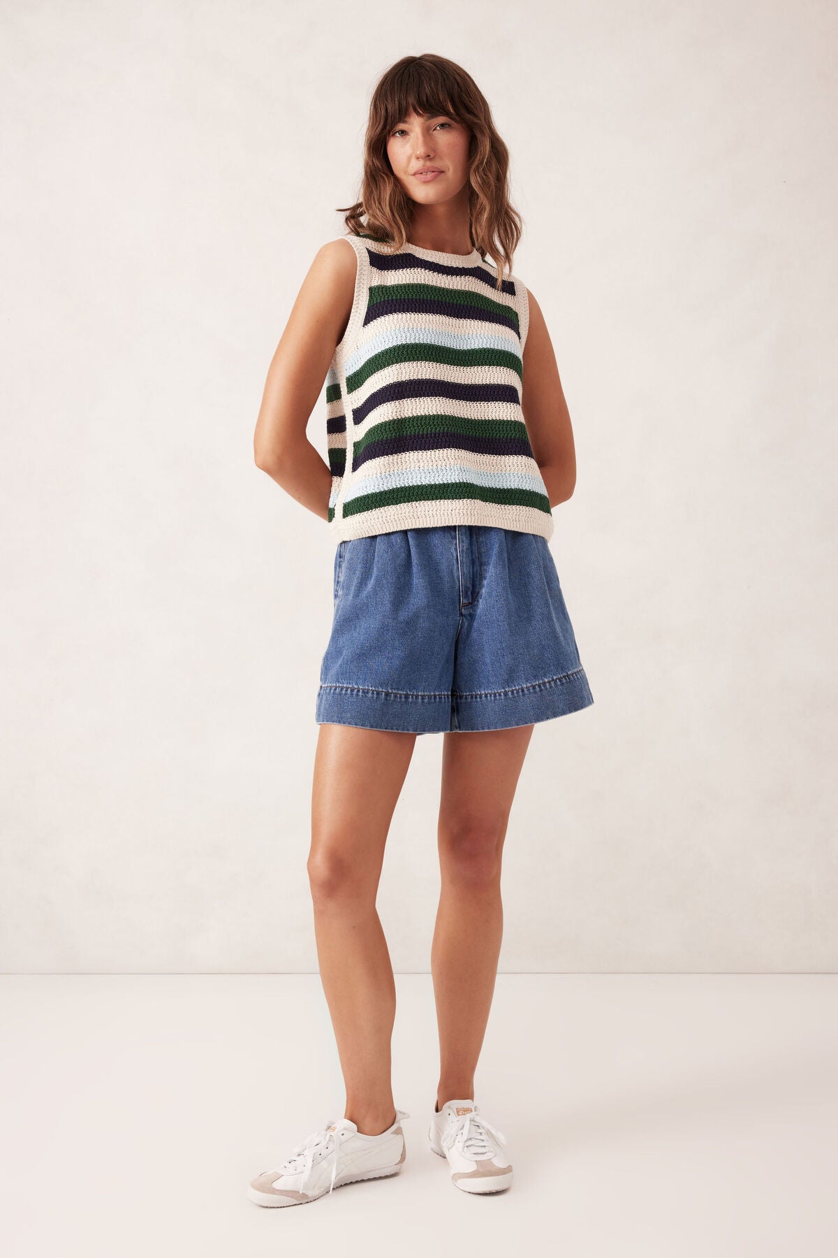 Ceres Life Textured Multi Stripe Knit Tank - Aqua pine navy stripe