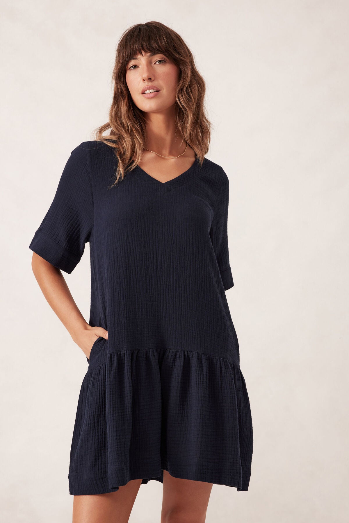 Ceres Life Short Sleeve Tunic Mini Dress - fresh navy