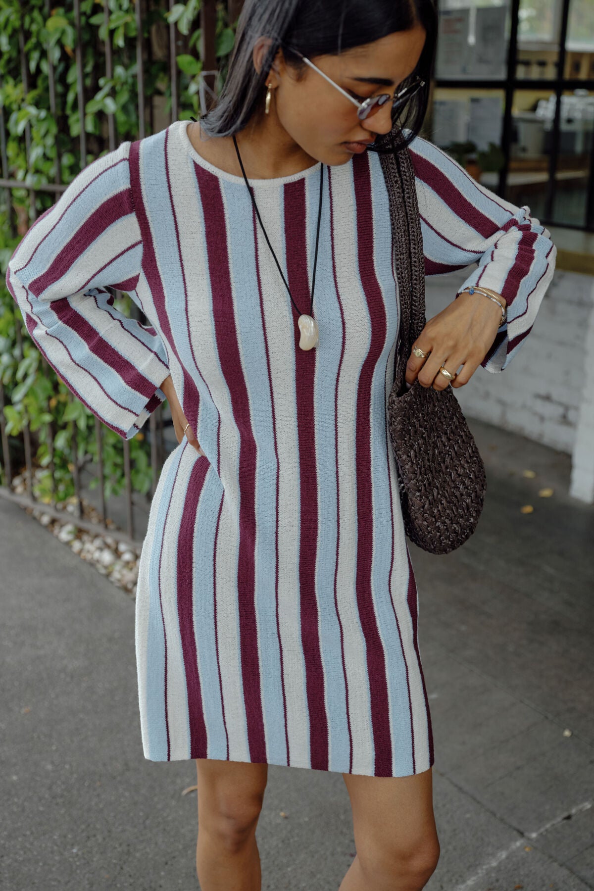 Ceres Chloe Stripe Mini dress - blue wine stripe
