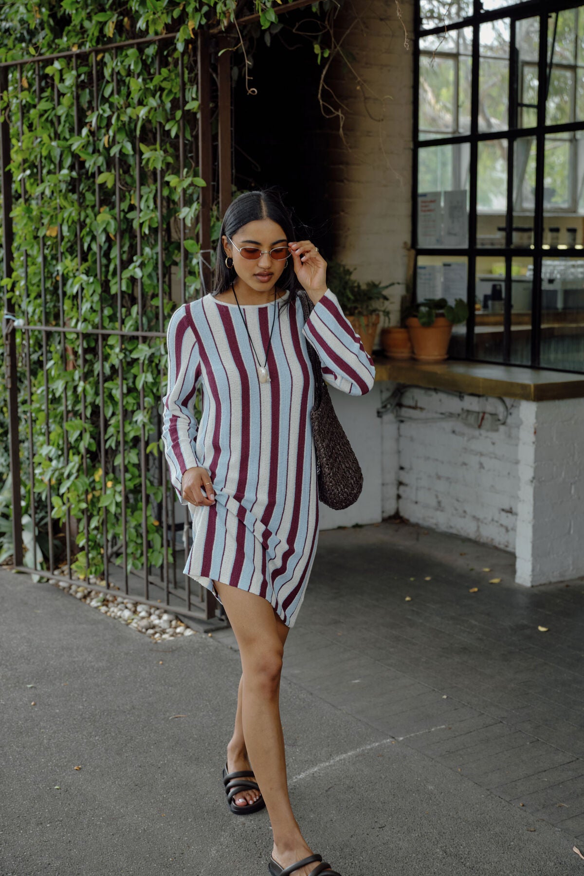 Ceres Chloe Stripe Mini dress - blue wine stripe