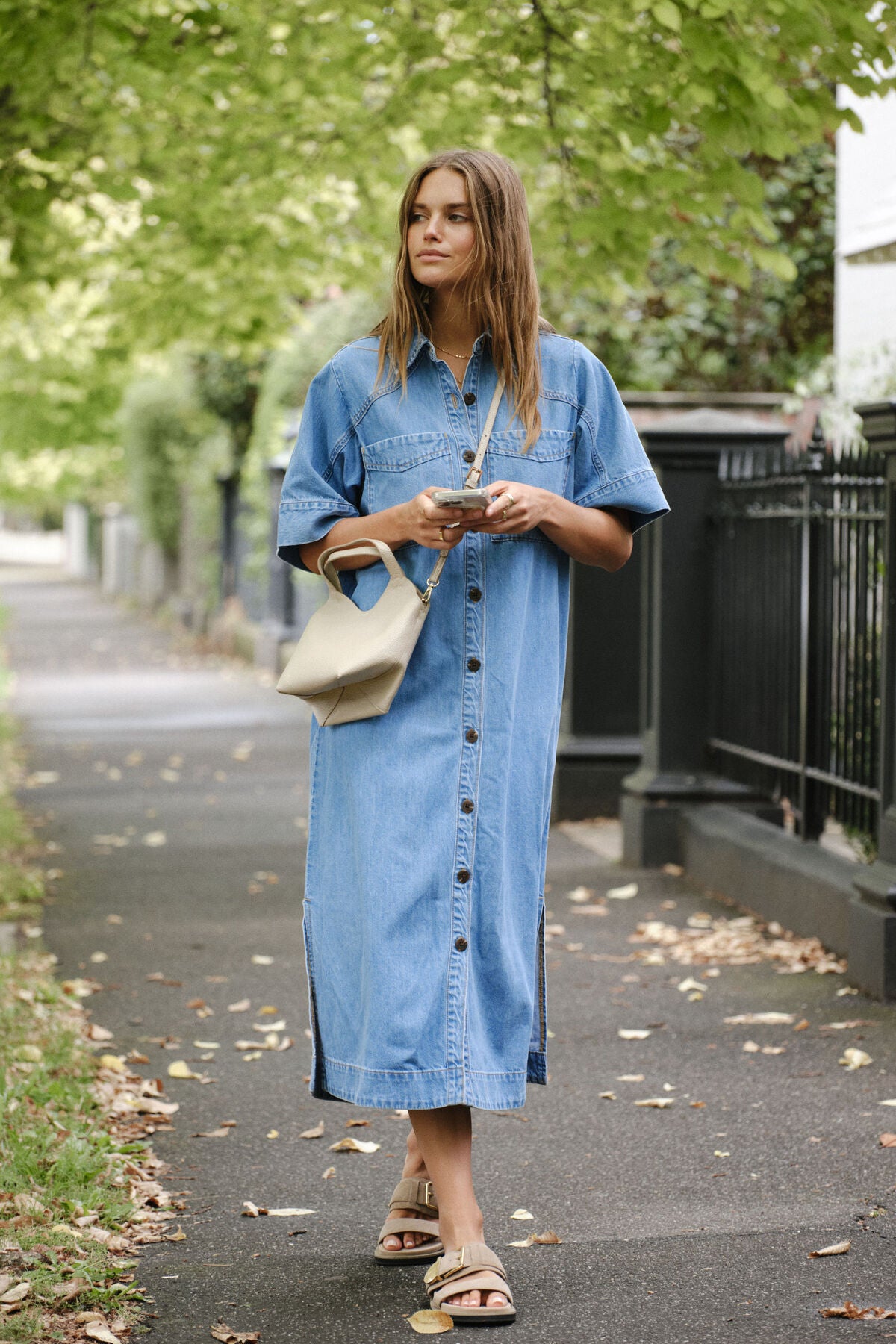 Ceres Life Short Sleeve Yoke Detail Midi Dress - vintage blue