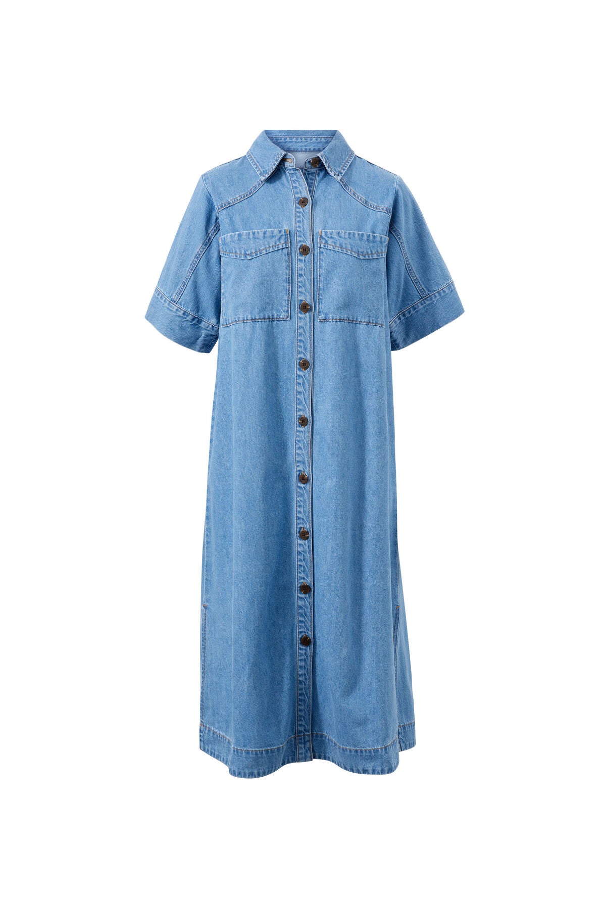 Ceres Life Short Sleeve Yoke Detail Midi Dress - vintage blue