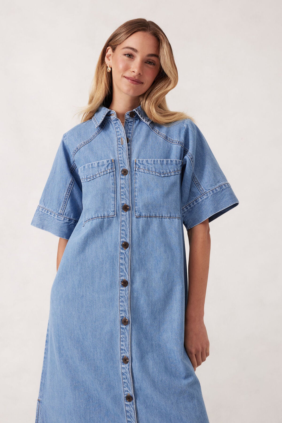 Ceres Life Short Sleeve Yoke Detail Midi Dress - vintage blue