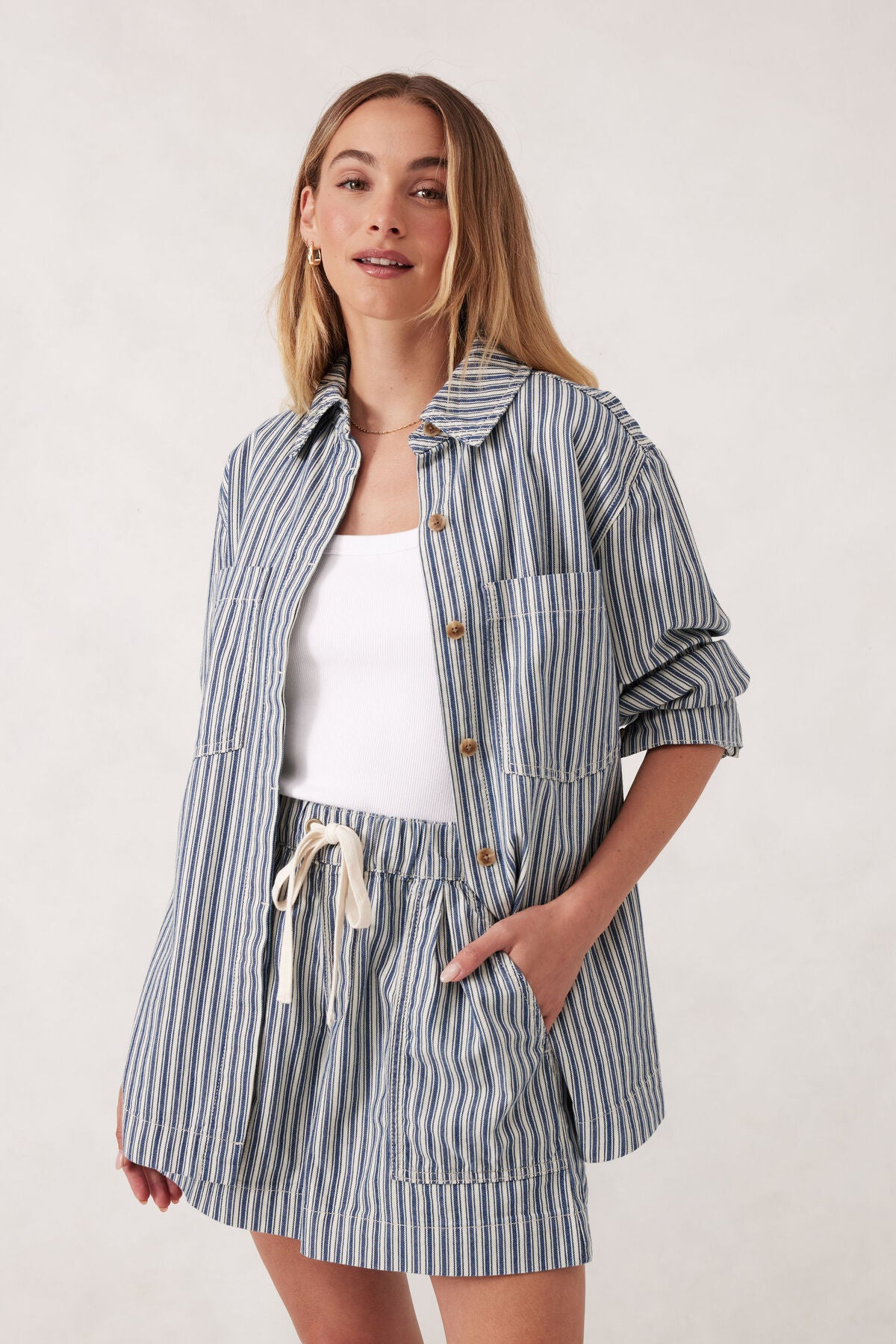 Ceres Life Curved Hem Shacket- blue lagoon stripe