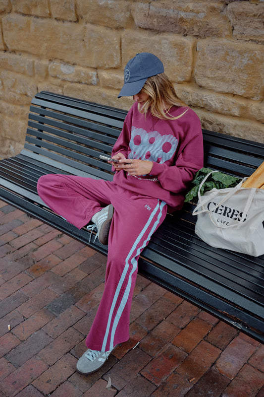 Ceres Gigi Wide Leg Terry Trackpant - washed burgundy sky blue side stripe