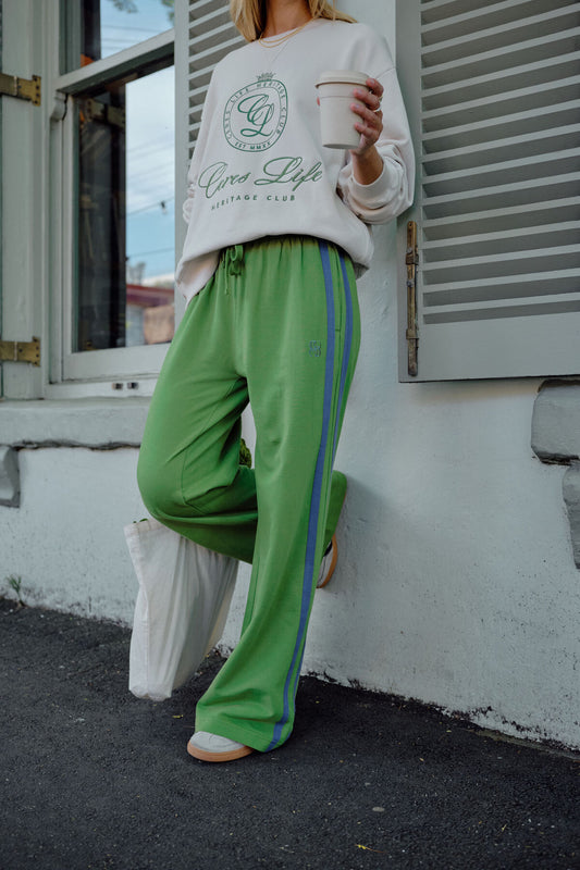 Ceres Gigi Wide Leg Terry Track Pants - pistachio washed navy side stripe