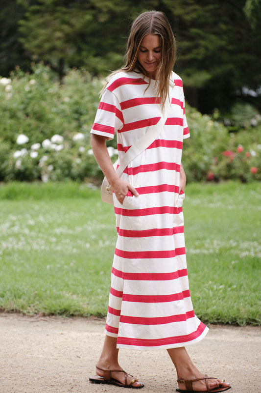 Ceres Life Midi Terry Dress - white/red bold stripe