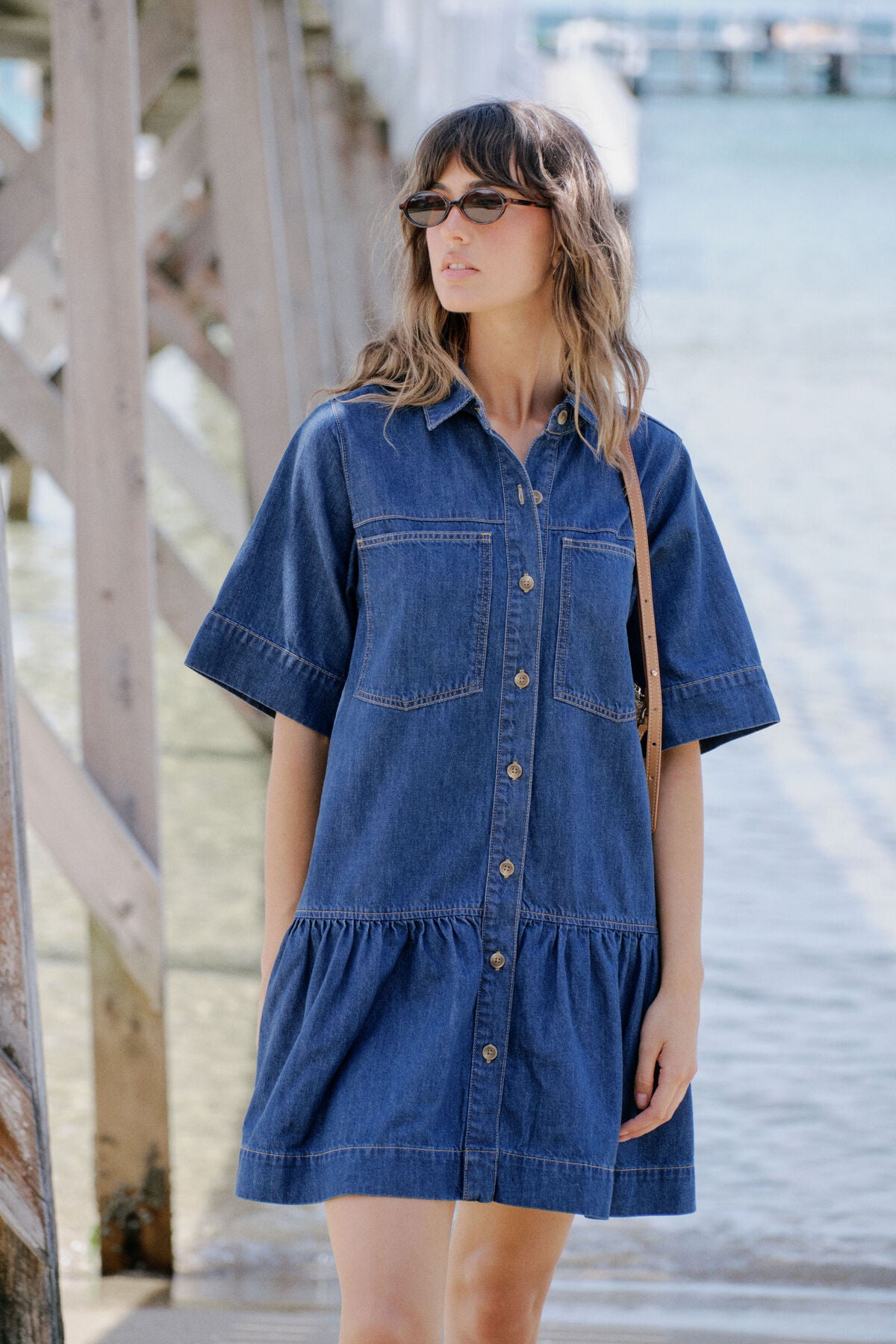 Ceres Life Short Sleeve Tiered  Pocket Shirt Dress - midnight