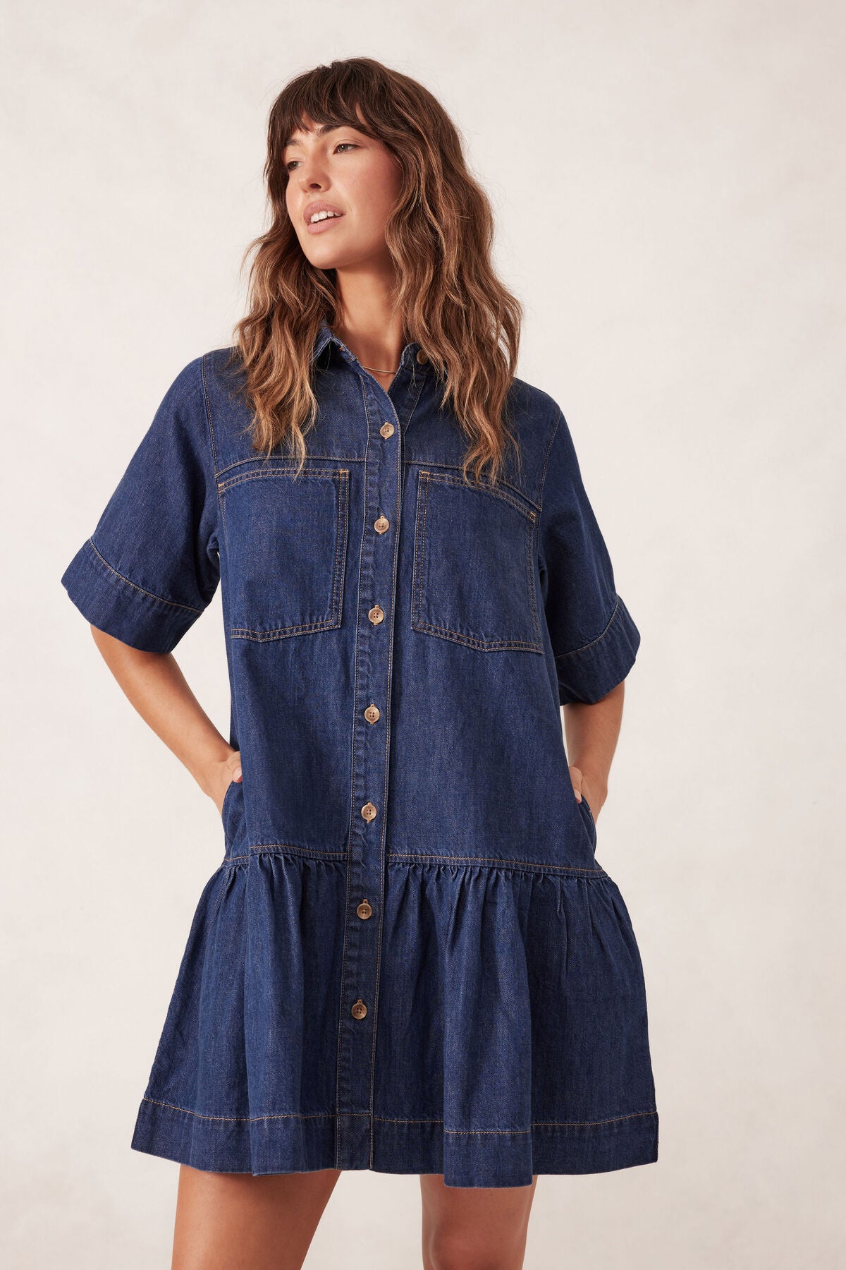 Ceres Life Short Sleeve Tiered  Pocket Shirt Dress - midnight