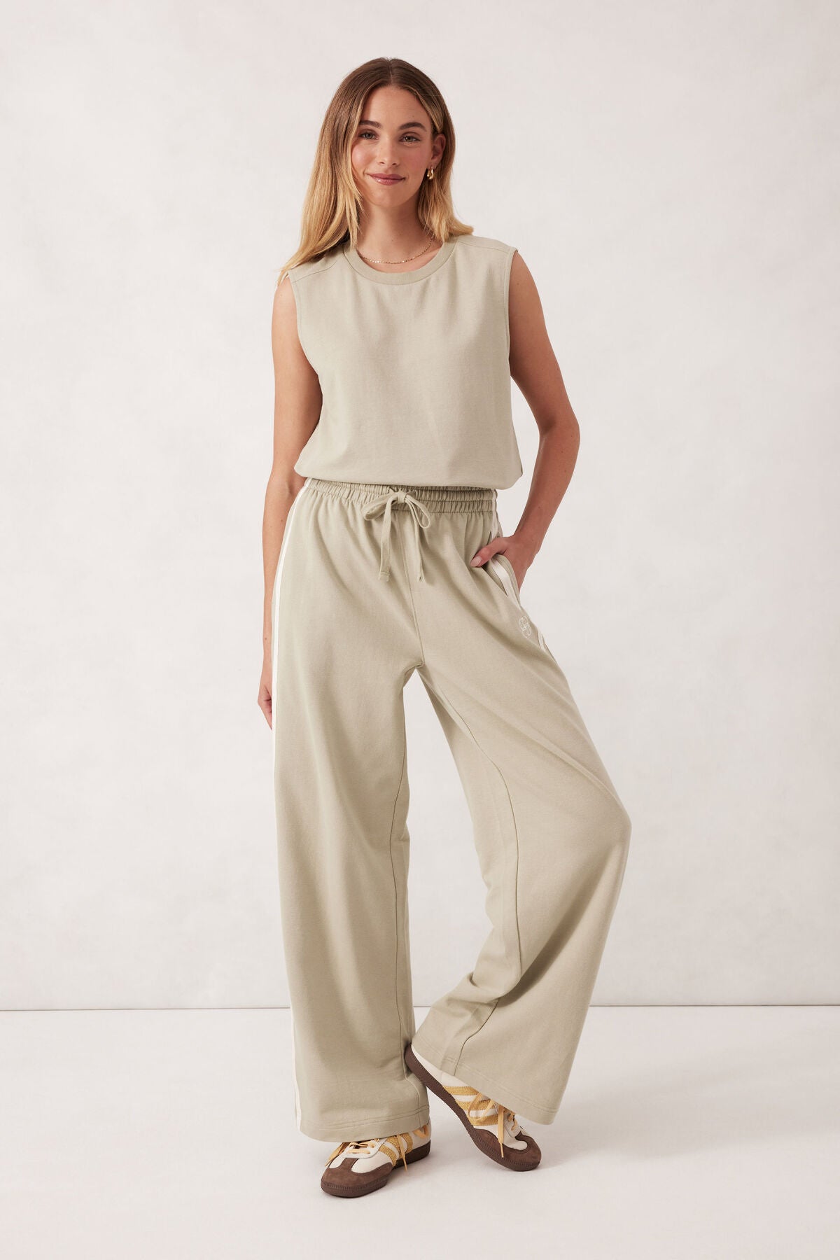 Ceres Life Wide Leg Terry Track Pant - matcha side stripe