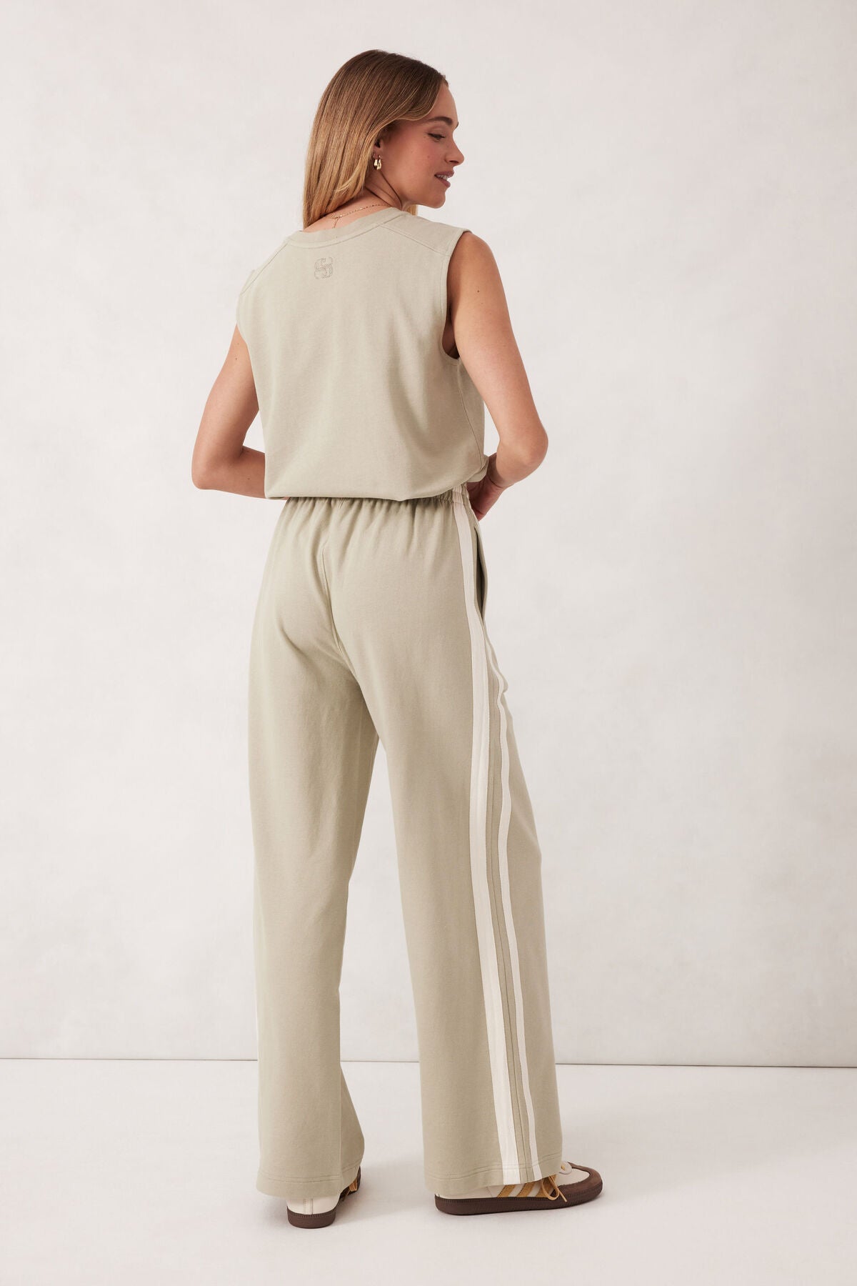 Ceres Life Wide Leg Terry Track Pant - matcha side stripe