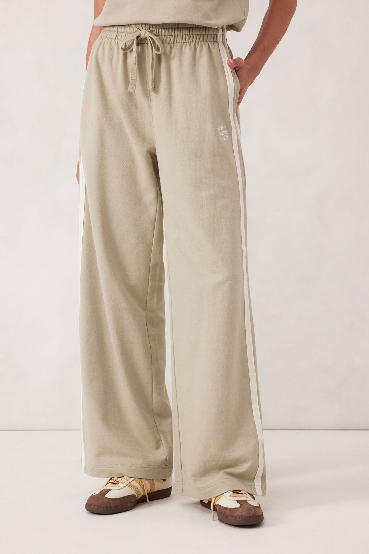 Ceres Life Wide Leg Terry Track Pant - matcha side stripe