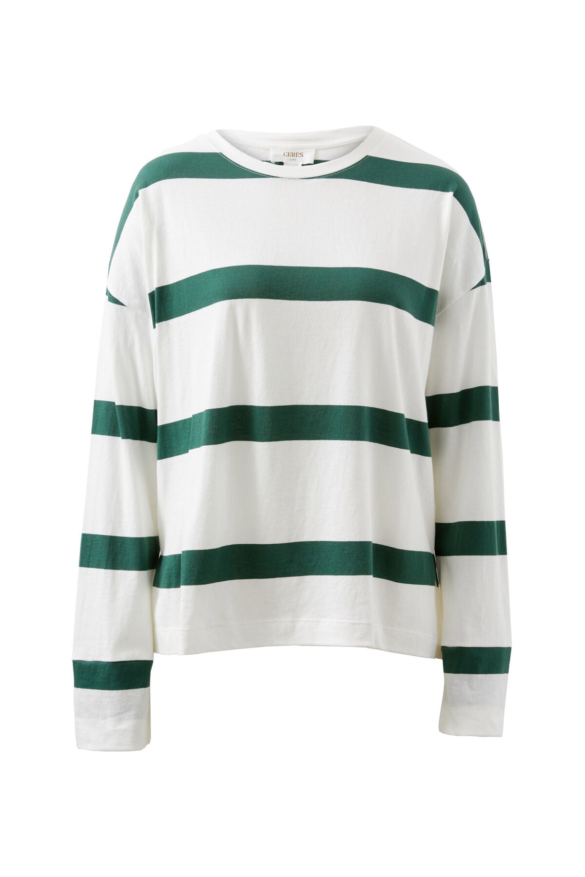 Ceres Life Slouchy Long Sleeve Tee - vanilla pine green bold stripe