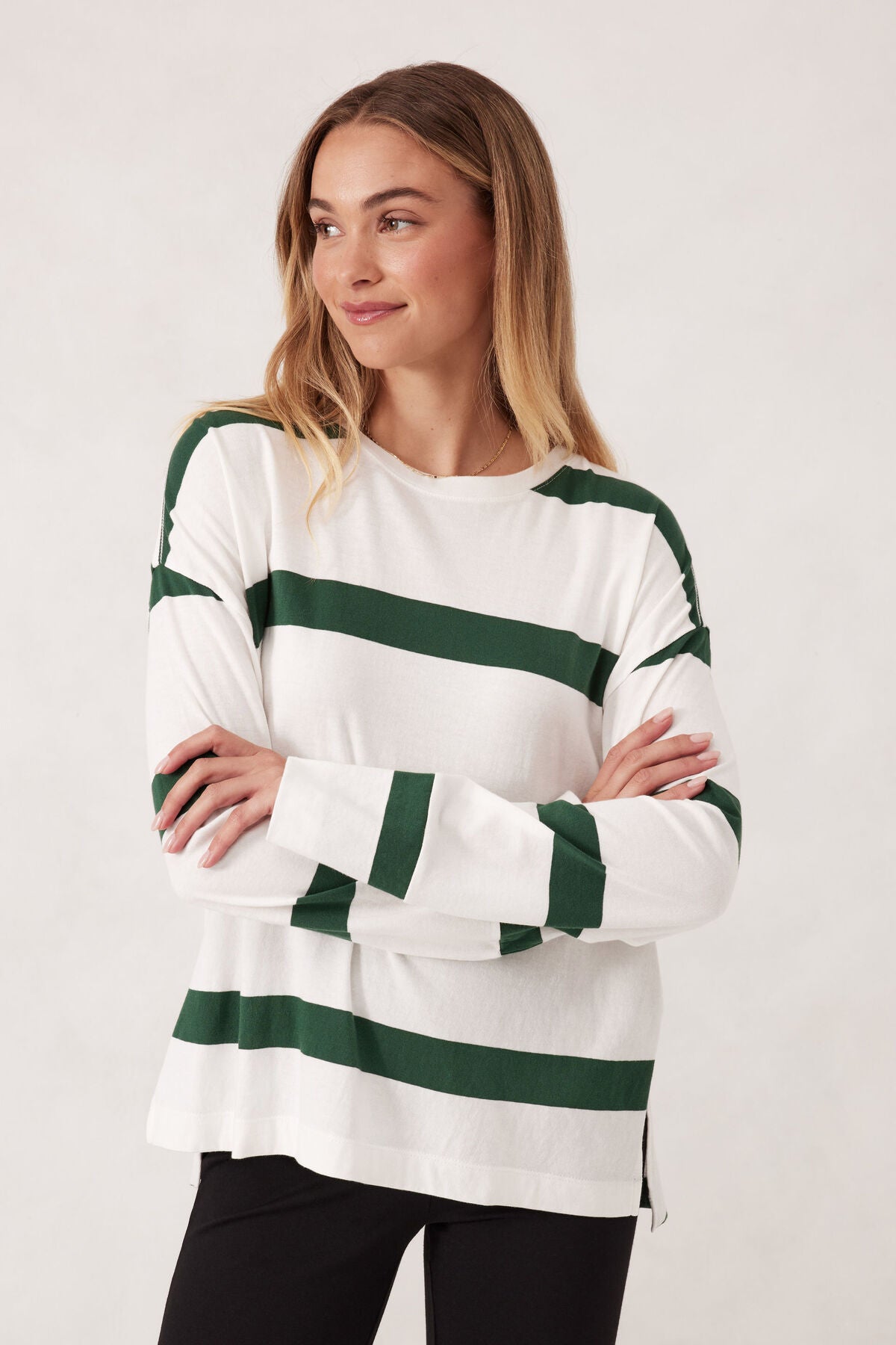 Ceres Life Slouchy Long Sleeve Tee - vanilla pine green bold stripe